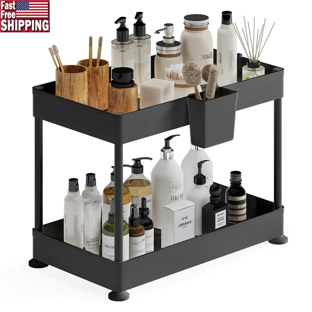 

Under Sink Organizer 2 Tier Bathroom Cabinet Storage Utility Hooks Side Caddy Kitchen Shelf Pull Out Durable Plastic Non Slip