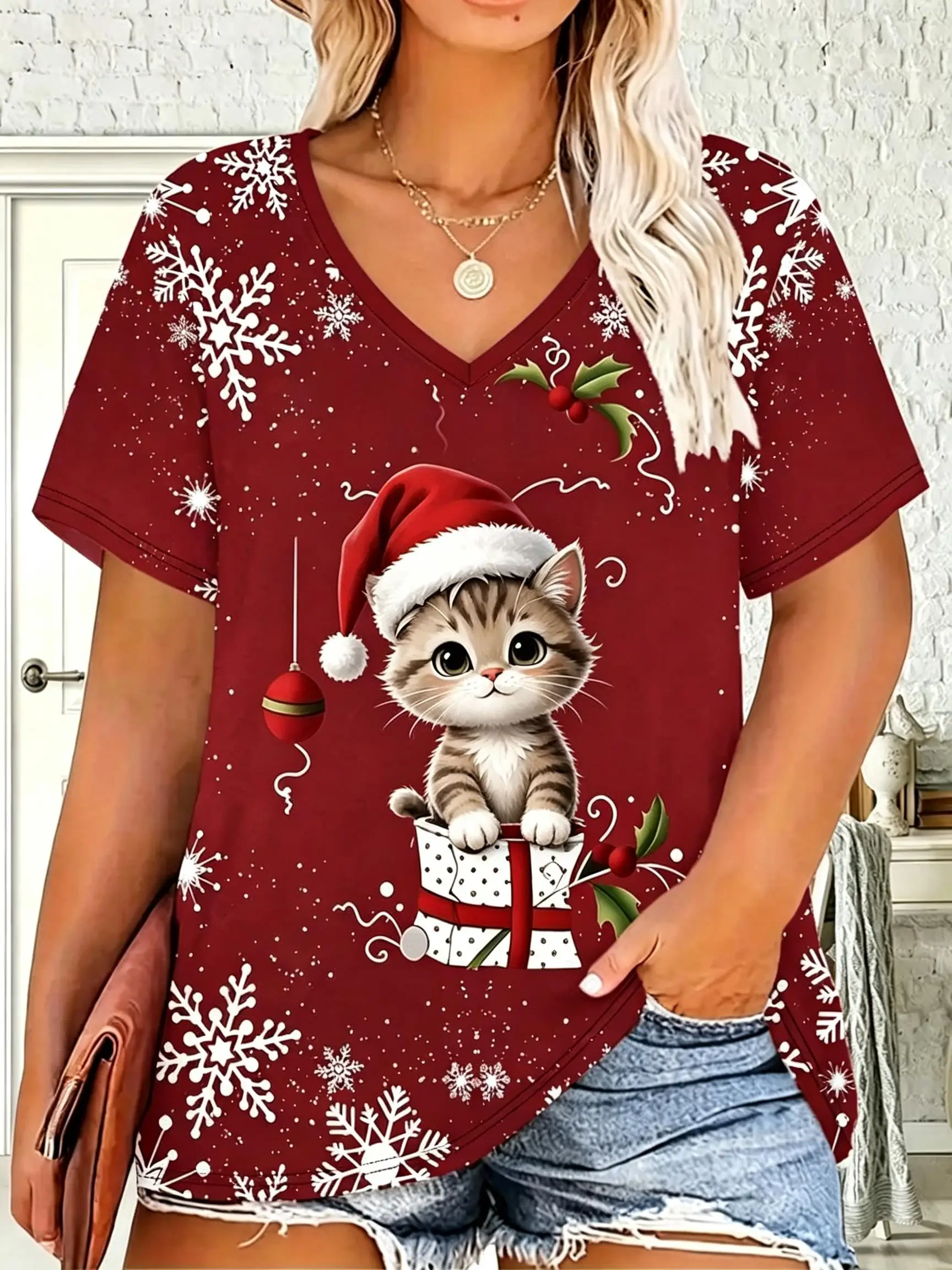 Women V‑Neck Short Sleeve T‑shirt Christmas Gift Box Cartoon Animal Snowflake Holly Print Xmas Holiday Casual Tee Top