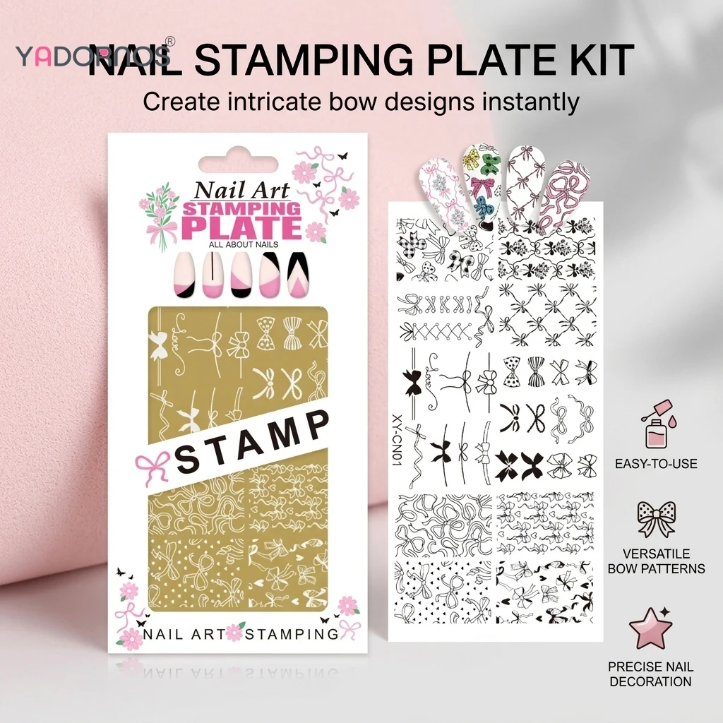 1Pcs Golden Rectangular Nail Stamping Plates Bowknot Butterfly Flower Cat Designs Nail Art Template For DIY Nail Decor Stencil