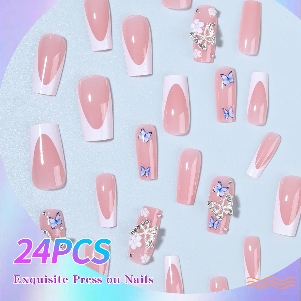 Get Glamorous with, 24 Uds. De mariposa de aleación 3D, cuadrado, blanco, acrílico francés, puntas de uñas, flor 3D con perlas de diamantes de imitación