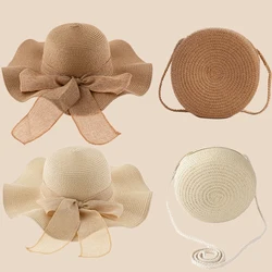 Straw Hat For Women Summer New Sweet Bow Wave Ribbon Large Brim Sun Protection Beach Hat Outdoor Sun Hat Combination With Bag