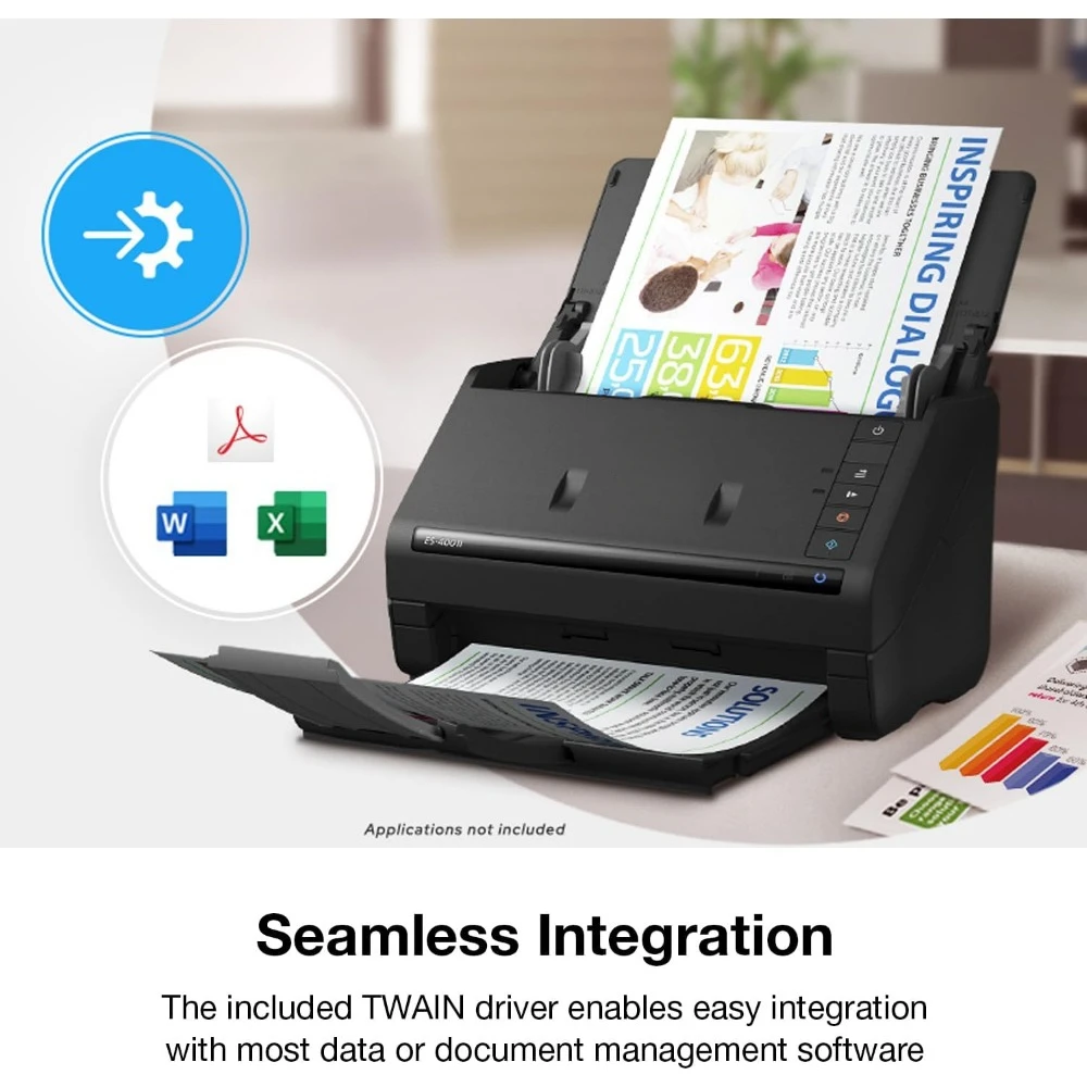 Scanner de documentos de mesa duplex colorido Workforce ES-400 II para PC e Mac, com alimentador automático de documentos (ADF)