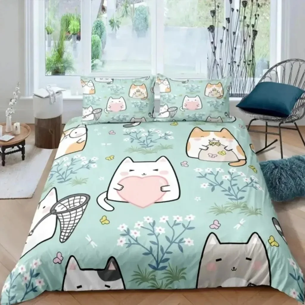

1 Duvet Cover Cartoon Cat New Fashion Design Bedding Set Cats Quilt Cover Pillowcase Girls Boys Adult Bedding
