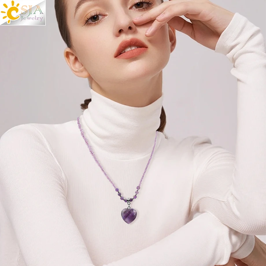 CSJA Heart Quartz Pendant Necklace for Women Healing Natural Stone Amethysts Crystal Charm Glass Bead Choker Christmas Gift T024