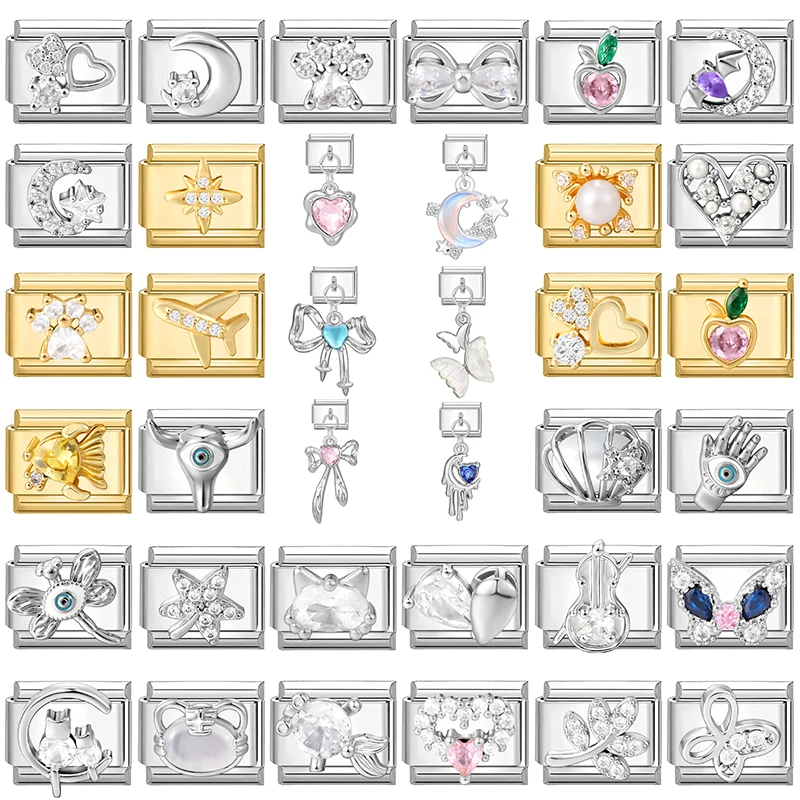 Y2K Zircon Butterfly Bow Knot Flowers Italian Charm Links Fit 9mm Stainless Steel Bracelet Fashion omen Men DIY Making Gifts
