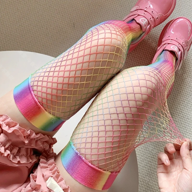 Colorful Stockings Women Hollow Mesh Fishnet Stockings Thigh High Socks Multicolor Striped Knee High Socks Thigh High Stockings