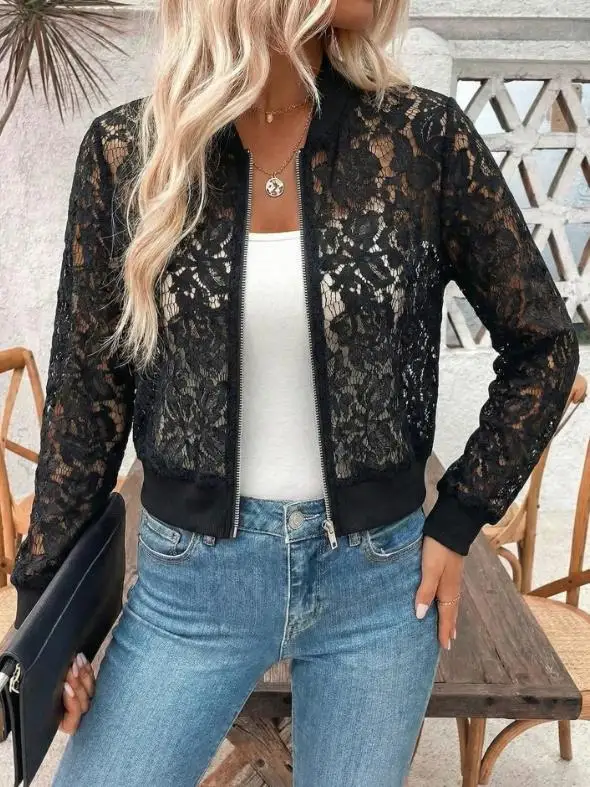 

Summer New Lace Zipper Short Jacket, Women's Fashionable Versatile Jacket, Thin Top
