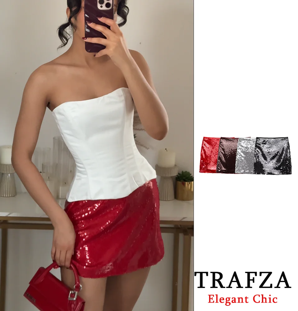 TRAFZA Women Romantic Sequined Skirt Hip Wrap Sexy Mini Skirt New 2025 Fashion Spring Summer Elegant Dinner Date Holiday Skirt