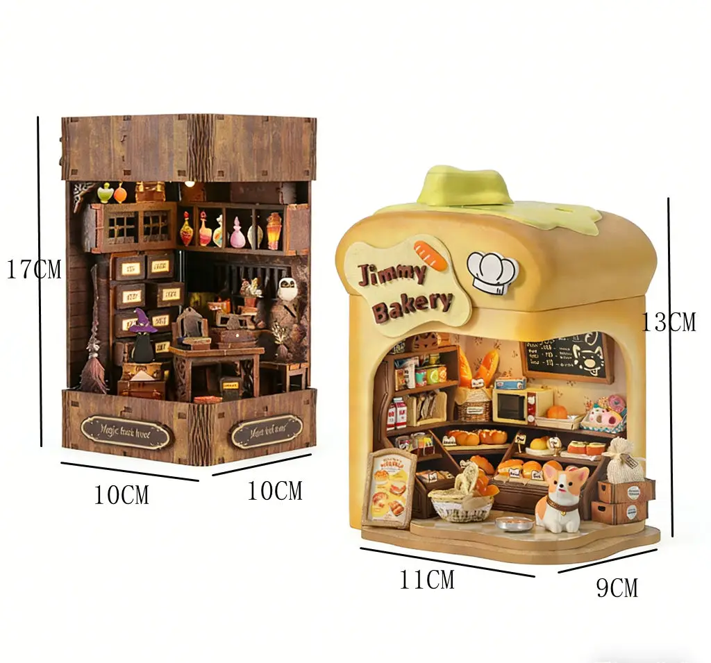 2-in-1 DIY 3D Wooden Miniature Kits: Magic Bookstore & Jimmy's Bakery - Handmade Decor & Birthday Gift for Craft Lovers
