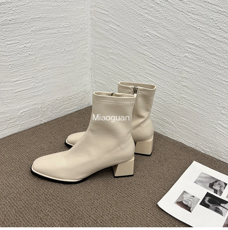 2023 New Autumn Design Heel Ankle Boot Fashion Square Toe Zipper Elegant Ladies White Casual Short Chelsea Boots Soft Leather PU