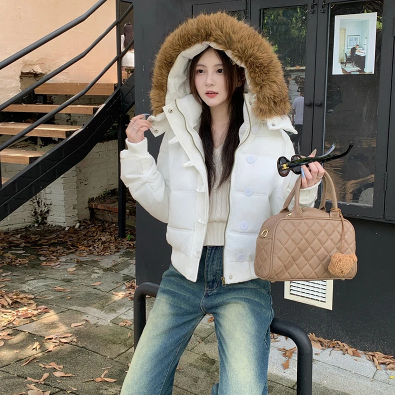 Grande gola de pele com capuz curto roupas de algodão cor sólida manga comprida zíper acolchoado casaco chique engrossado quente amassado jaqueta