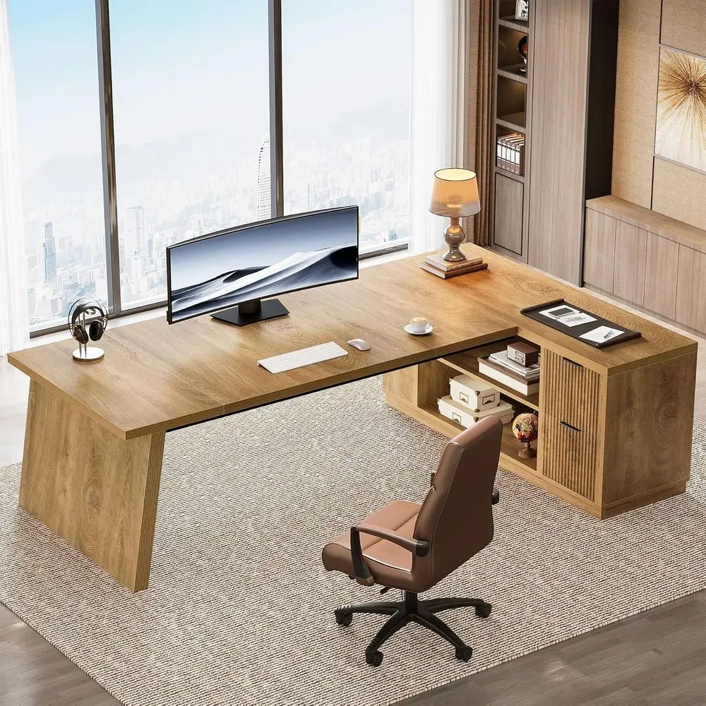 

Large 78 L-Shaped Executive Desk with Storage Cabinet, Light Brown for Home and Office Use