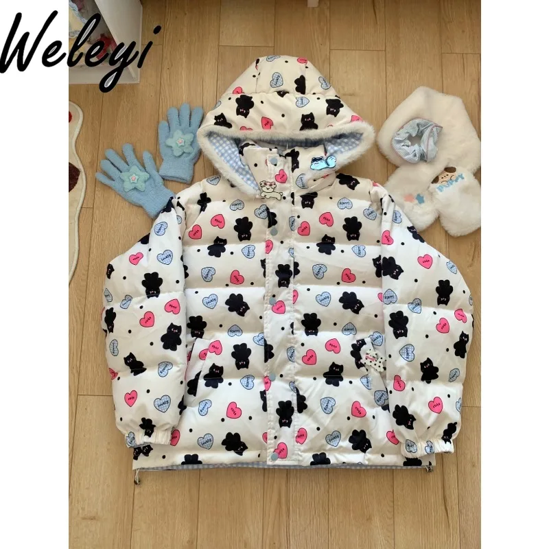 Cute Double Sided Two Wear Down Jacket Women Clothes Winter New Sweet Versatile Thickened Bear White Duck Down Long Sleeved Tops