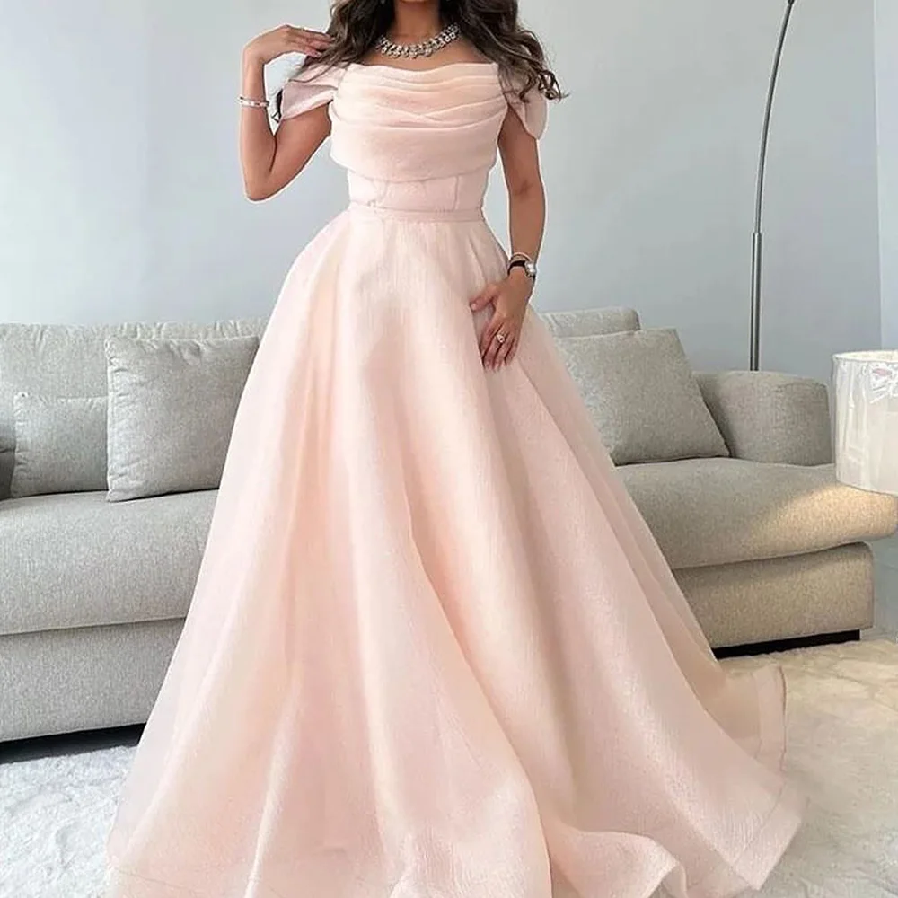 

Strapless Off the Shoulder Short Sleeves Tiered Tulle A-Line Floor Length Solid Color Elegant Evening Dress For Formal Occasions