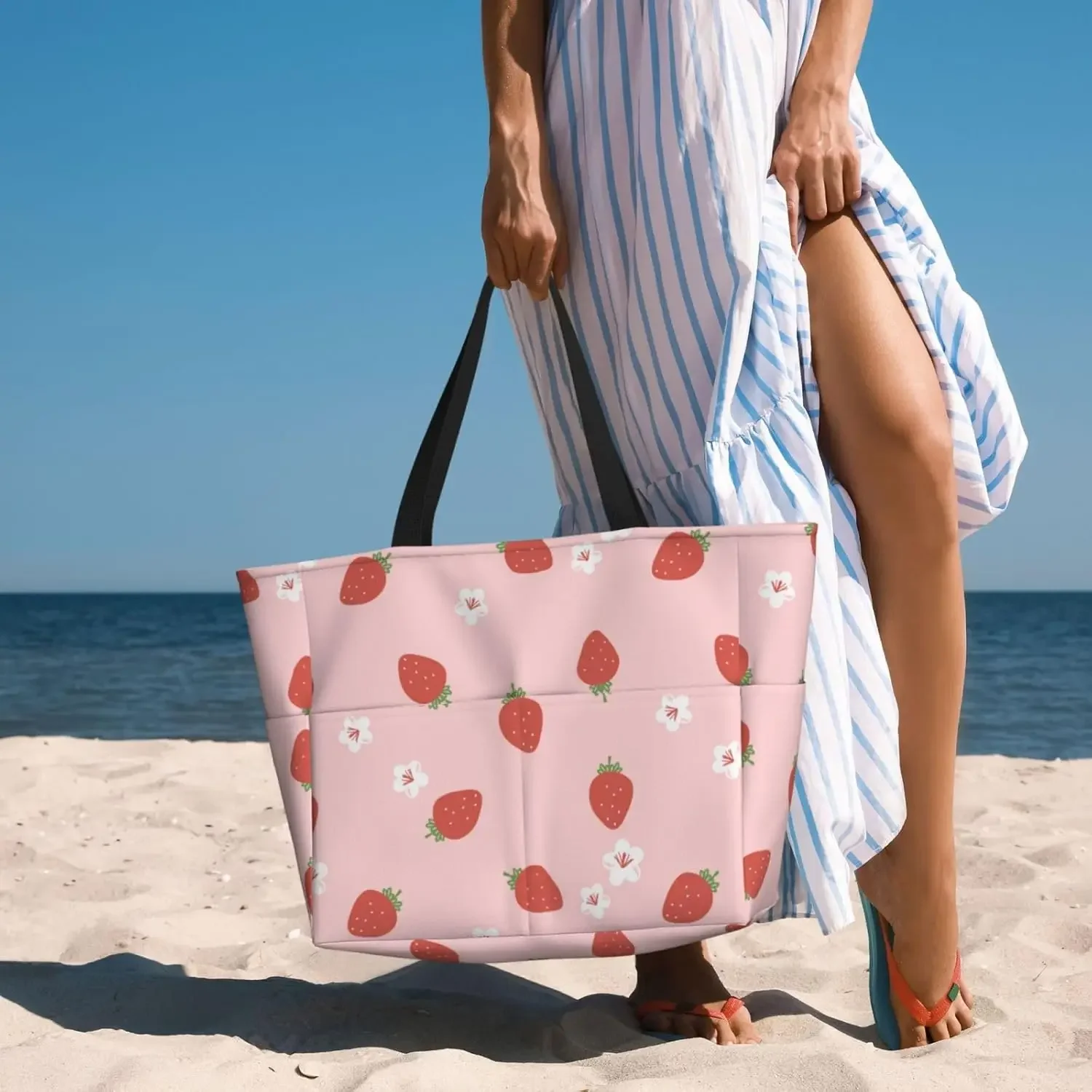 Large Beach Bags Waterproof Sandproof - Cute Strawberry No.1081 Cute Beach Tote Bags for Women with Zipper