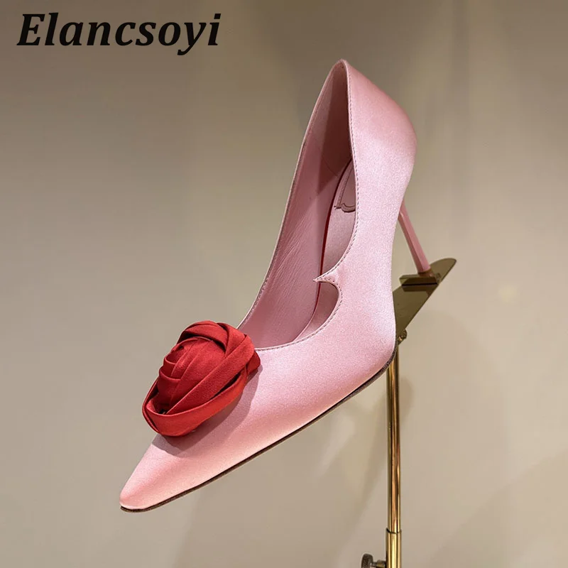 Rose Flower Decor High Heel Women Satin Pointed Toe Thin Heel Single Shoes No Logo Pumps Spring Autumn Sexy Banquet Dress Shoes