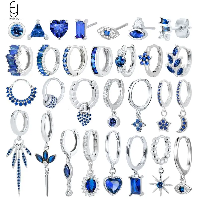 

925 Sterling Silver Needle Blue Zircon Silver Earrings Luxury Dark blue Heart Pendant Hoop Earrings Women's Fine Jewelry Gifts