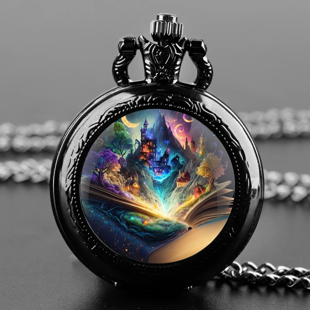 Reloj de bolsillo con diseño de mundo en el libro para hombres y mujeres, pulsera de cuarzo con cúpula de cristal, cadena duradera, esfera de números árabes, regalos creativos