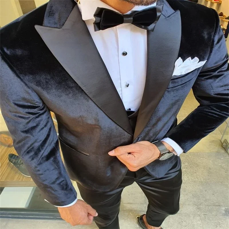 

Autumn Black Velvet Men Suit Wedding Elegant Groom Tuxedo Slim Fit Blazer Hombre High Quality Custom 3 Piece Set Costume Hommme