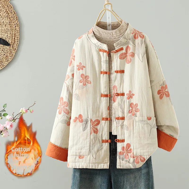 

Элитная традиционная хлопковая куртка ручной работы с принтом на пуговицах, женское зимнее пальто из хлопка и льна, стандартной толщины, с длинными рукавами