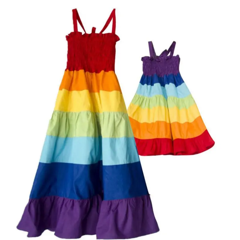 Summer Girls Dresses Family Matching Outfits Mother Daughter Clothes  Dresses Rainbow Color Splice Sleeveless Beach Girl Clothes