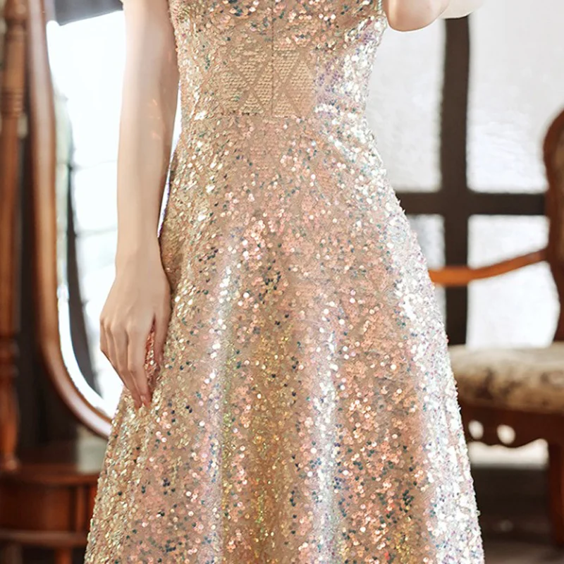 C'est Yiiya-Robe de soirée à paillettes champagne pour femme, hors de l'initiative, plissé A-ligne, longueur au sol, grande taille, fête formelle, quel que soit A3023