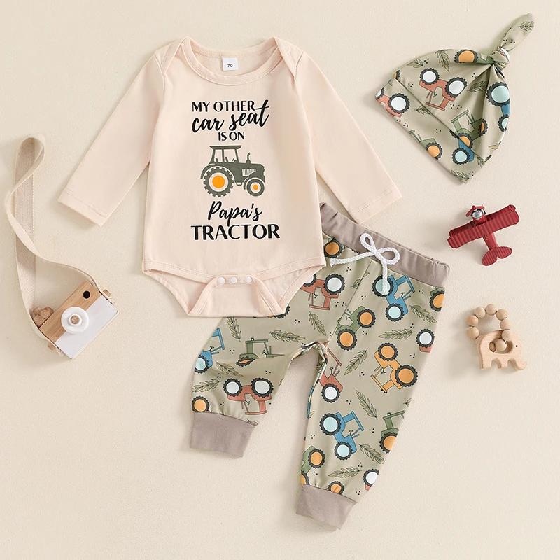 

2024-06-01 Lioraitiin 0-18M Baby Boy Fall Outfit Letter Print Long Sleeve Romper and Tractor Print Pants Hat Spring 3 Piece Set