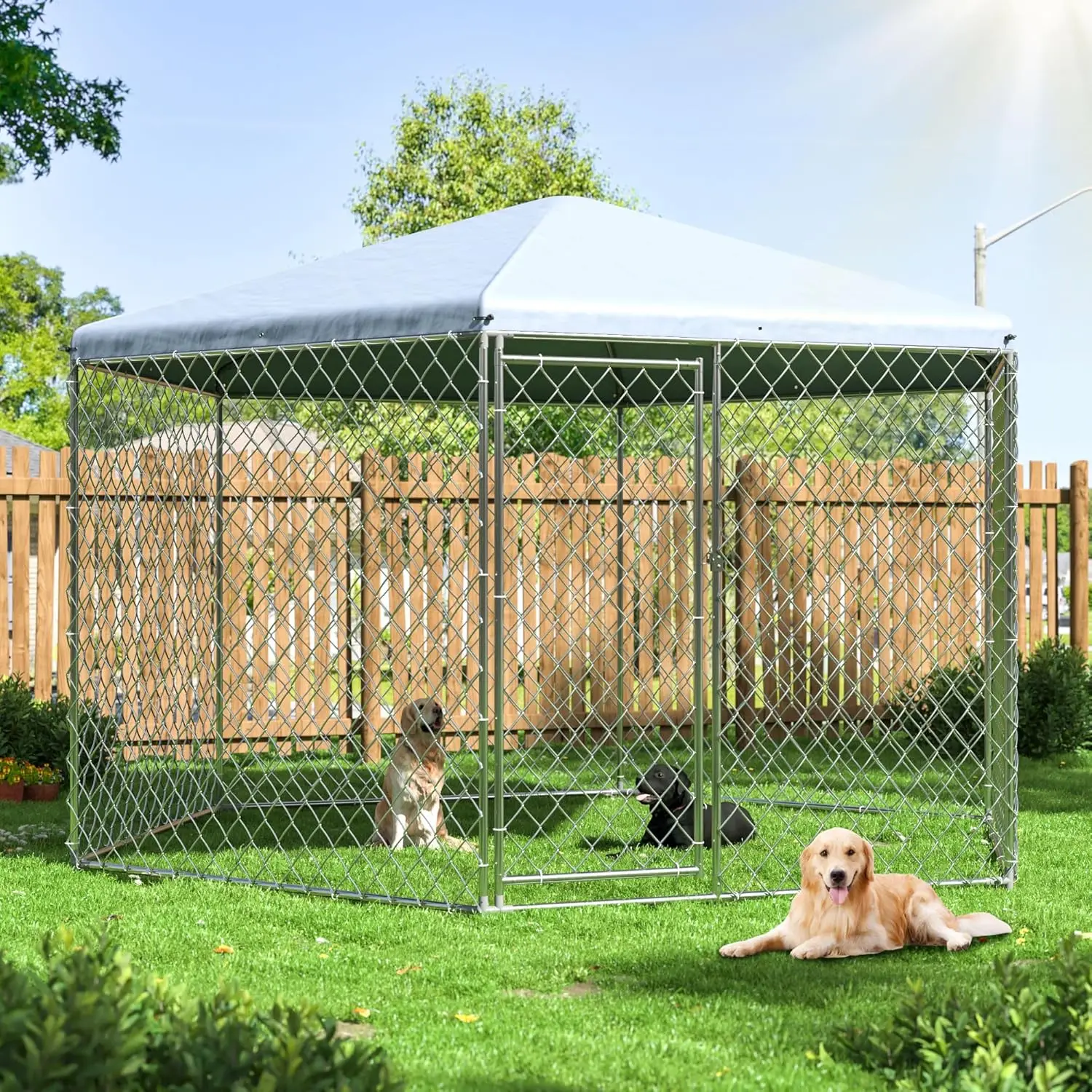 

Polar Aurora Outdoor Dog Kennel with Roof,Large Dog Kennel Outside with Metal Gate,Heavy Duty Chain Link with Secure Lock