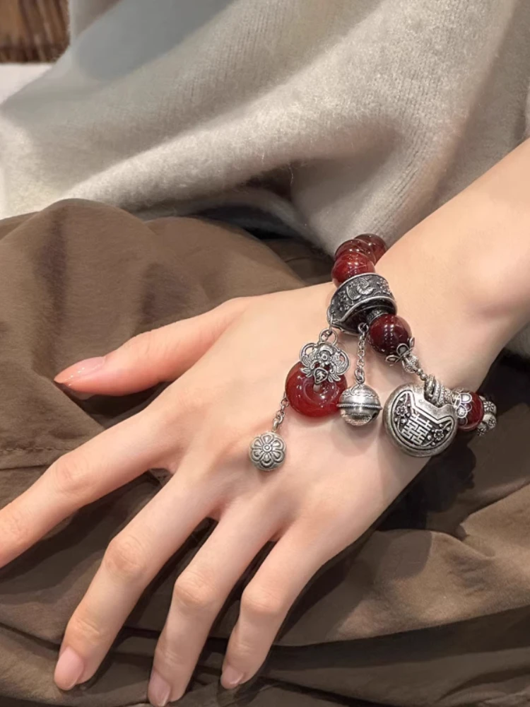 Pulseira de fivela de segurança de contas de ágata feminina retro luz luxo estilo nacional pulseira temperamento