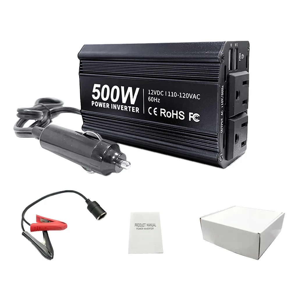 車載インバーター-12v→110v-ダブルus規格ソケット-500w-修正正弦波インバーターコンバーター