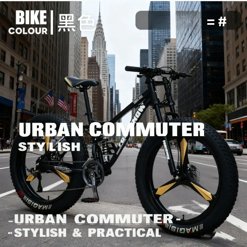 Czarny rower górski unisex do jazdy terenowej z amortyzacją, koła 3-w-1 z regulacją prędkości, do plaży, śniegu i gór, bardzo szerokie opony 4.0