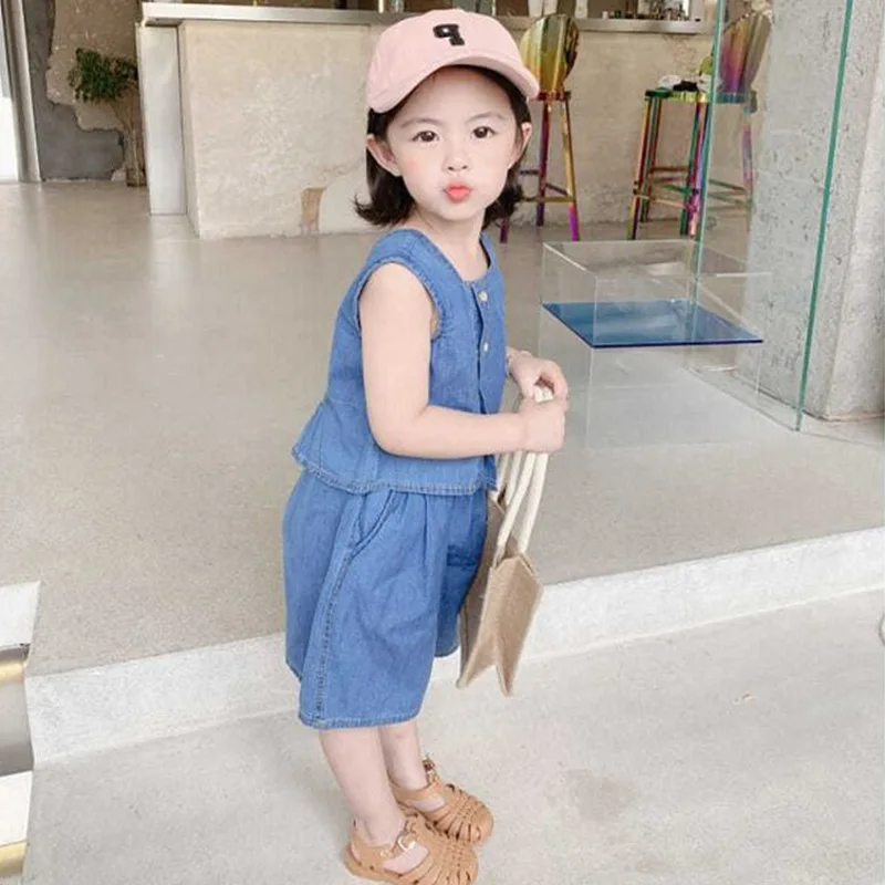 Girls' Suit Denim Single-Breasted Vest Top plus Pants25Summer New Foreign Trade Children's Wear Delivery3-8Years Old