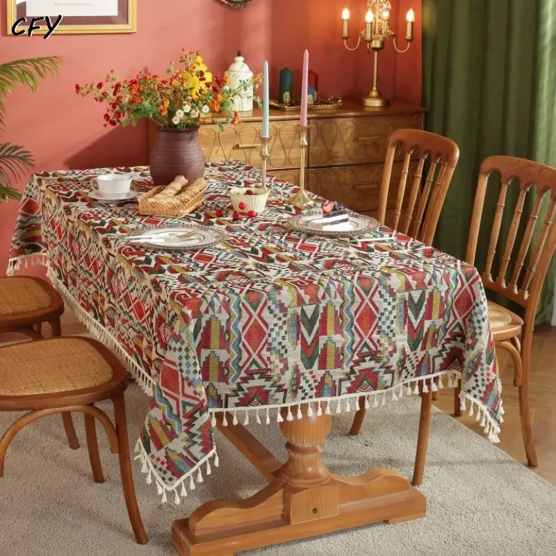 

Cotton Linen Bohemian Geometric Table Cloth European Colorful Rectangular Tablecloth for Dining Banquet Party Decoration