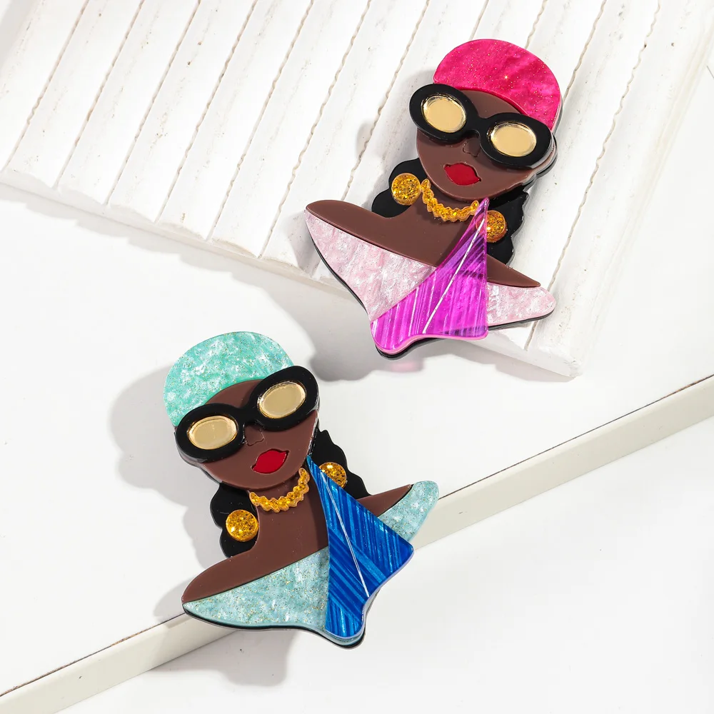 

New Acrylic Fashion Sunglasses Black Girls Brooches for Women Cartoon African Lady Figure Badges Pin 2024 Jewelry Accessories