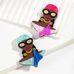 New Acrylic Fashion Sunglasses Black Girls Brooches for Women Cartoon African Lady Figure Badges Pin 2024 Jewelry Accessories