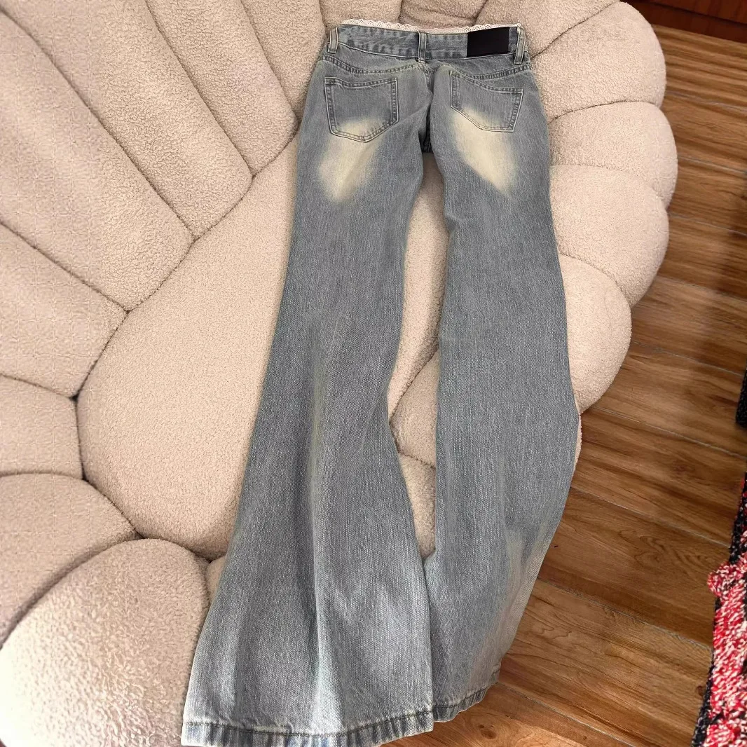 Retro Washed Light-colored Slightly Pulled Jeans Women's Spring Autumn New Lace Splicing Low-rise Loose-fitting Leg Flared Pants