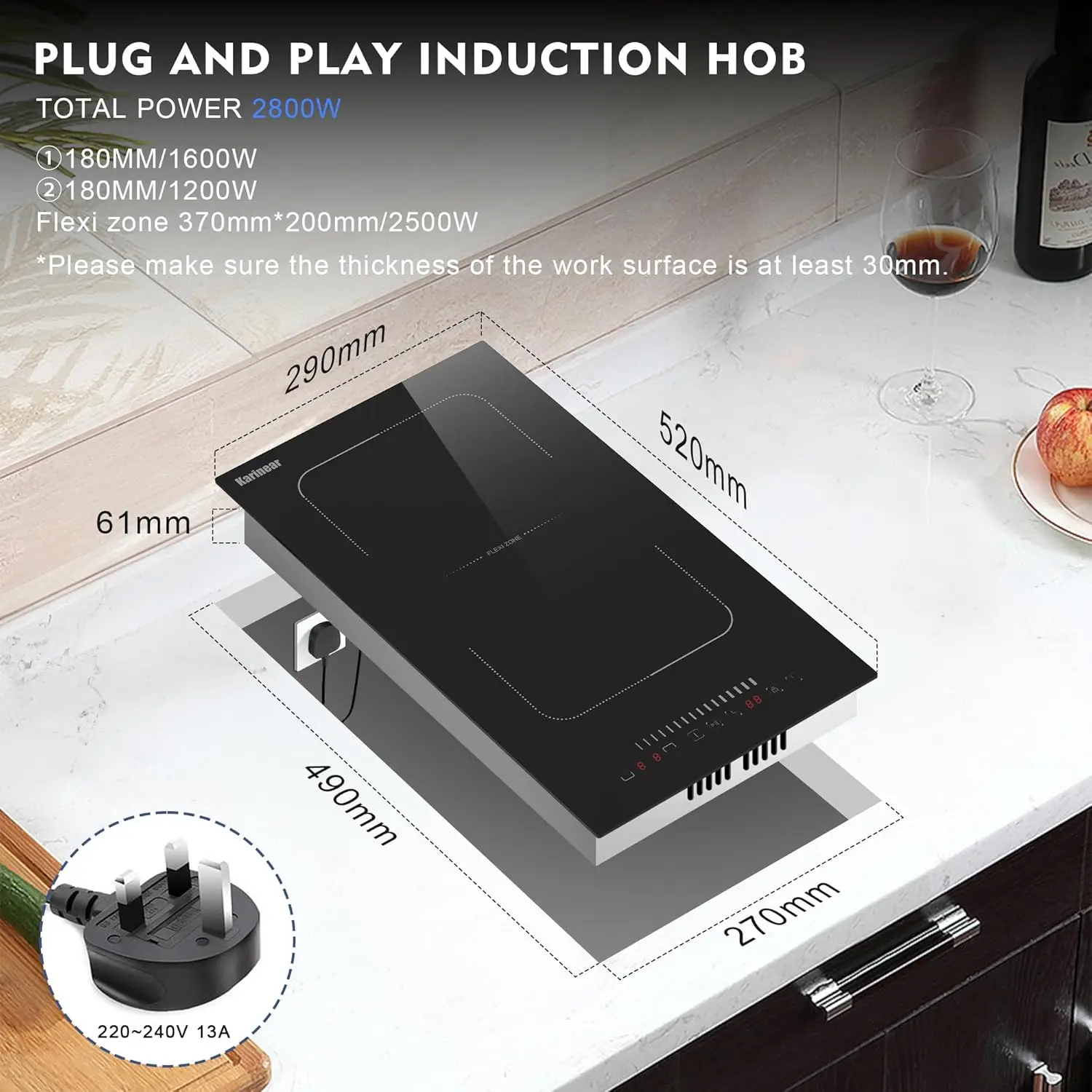 Karinear Plug-in Induction Hob with Flex Zone 13Amp 2800W, 2 Ring Electric Hob 30cm with 99-Min Timer, Safe Lock, Black