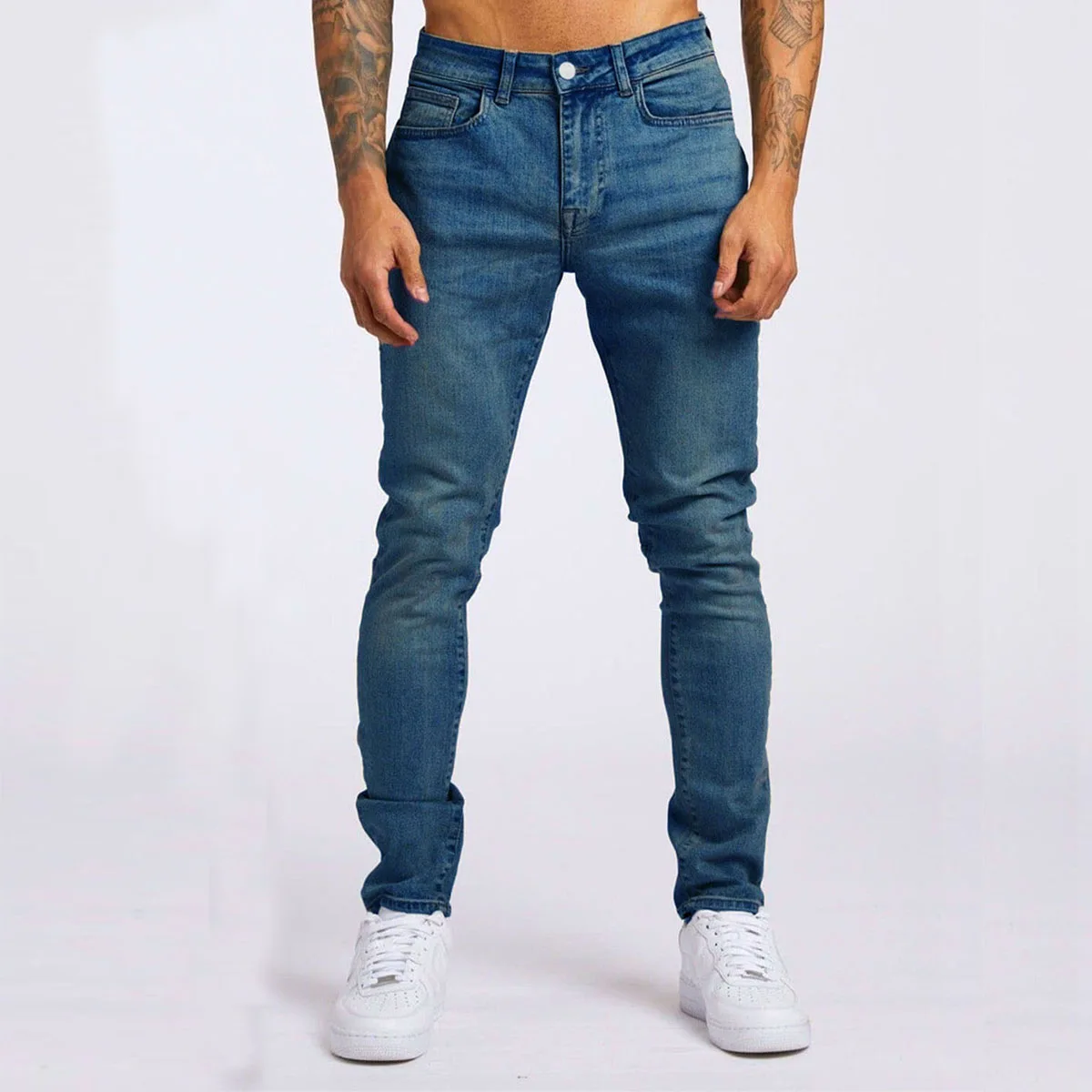 Mens Jeans Elastic Skinny Solid Color Stretch Pencil Pants Slim Fit Denim Jeans Jogging Streetwear Cowboy Casual Trousers Blck