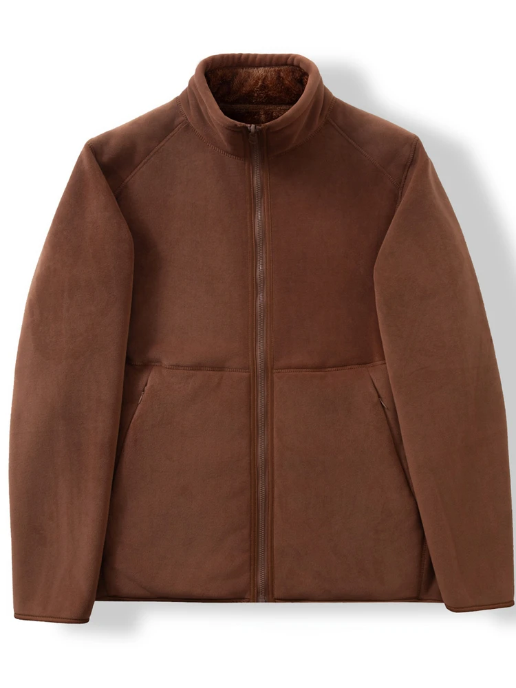 سترة صوفية للرجال بياقة قائمة قابلة للارتداء على الوجهين، دافئة وسميكة للخريف والشتاء، مصنوعة من ألياف البوليستر مع إغلاق بسحاب