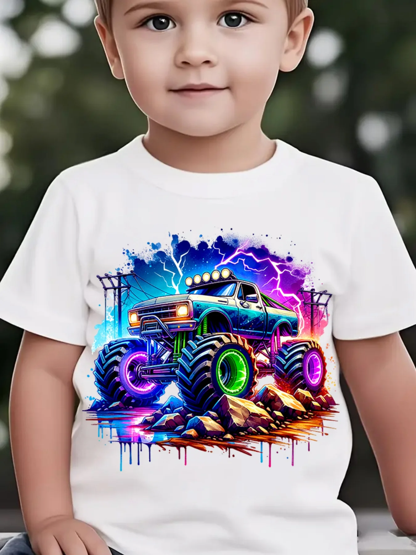 Kids Boys Girls Family Matching T Shirt Cool Lightning Monster Truck Colorful Splash Graphic Print Short Sleeve Tee Casual Tops