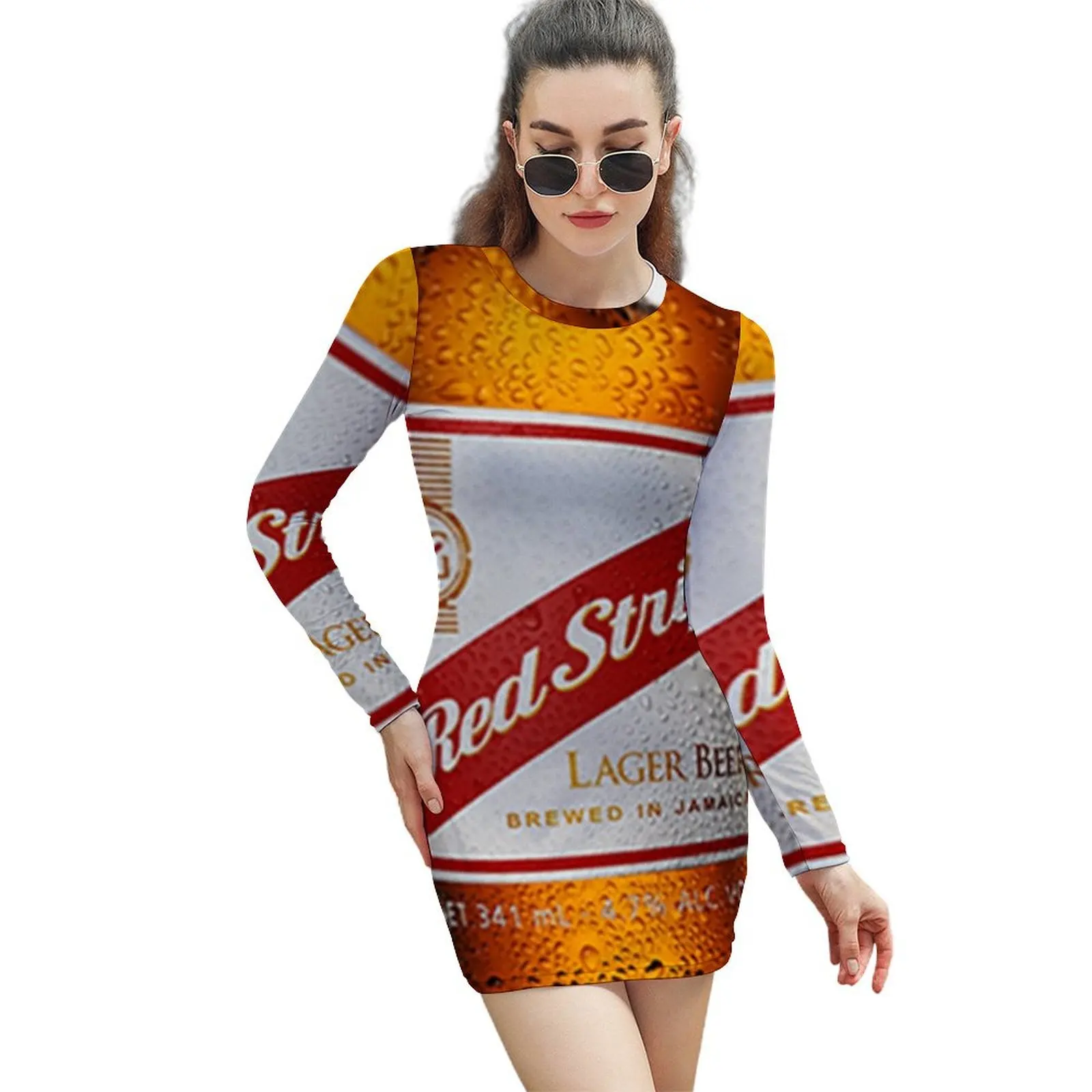 

Red Stripe Cold Lager Beer Bottle Long-Sleeved Sheath Dress elegant chic women dresses promotion summer women's suit