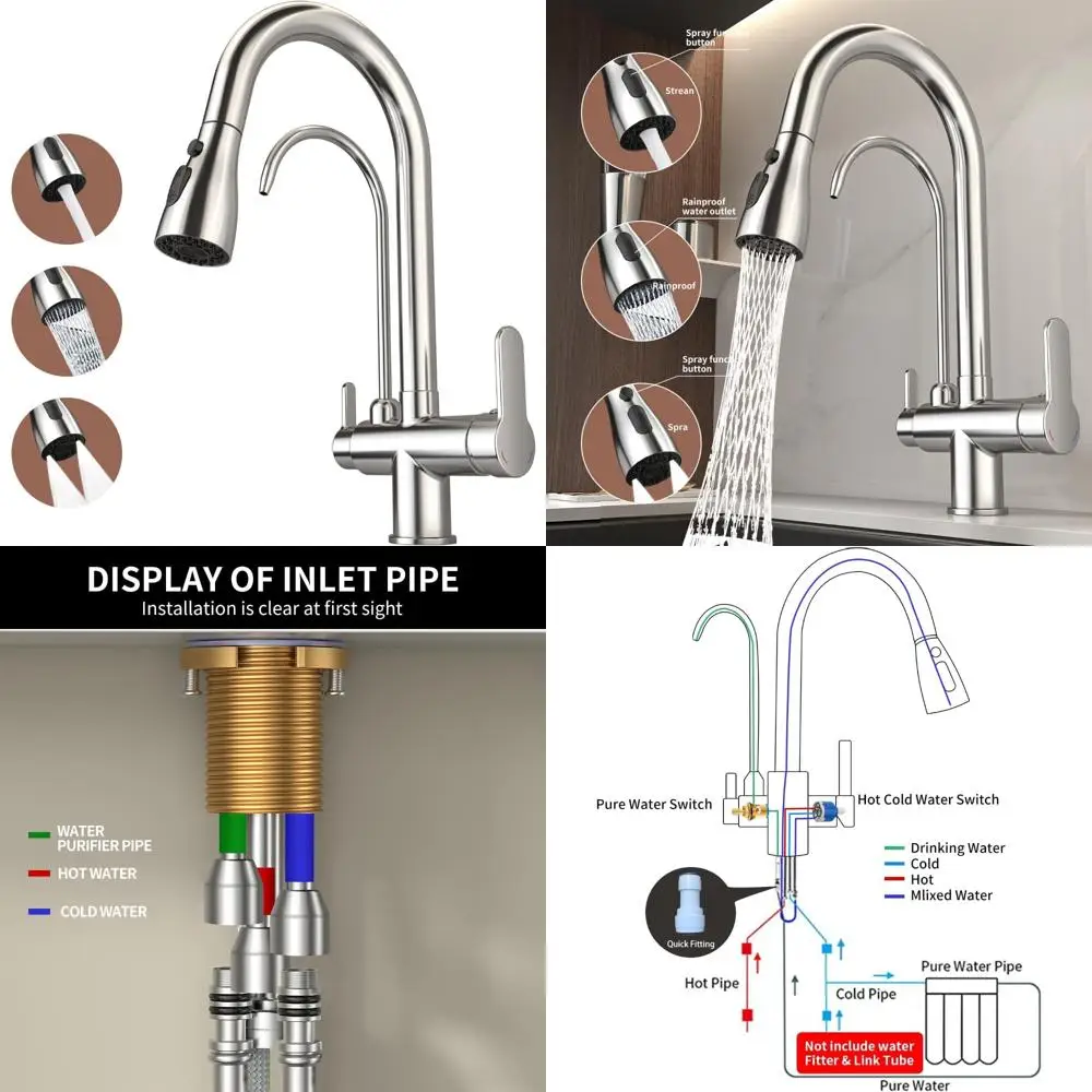 

Смеситель для кухонной мойки 3-в-1 с двойной ручкой и выдвижным распылителем, смеситель для холодной и горячей воды для питья