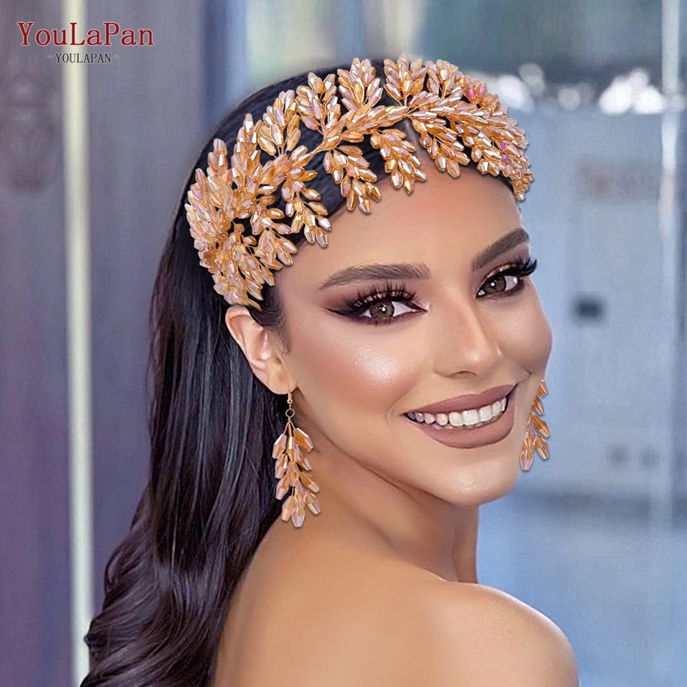 

YouLaPan Bridal Headband Champagne Crystal Women Tiara Handmade Wedding Hair Accessories Pageant Headdress Bride Headpiece HP371