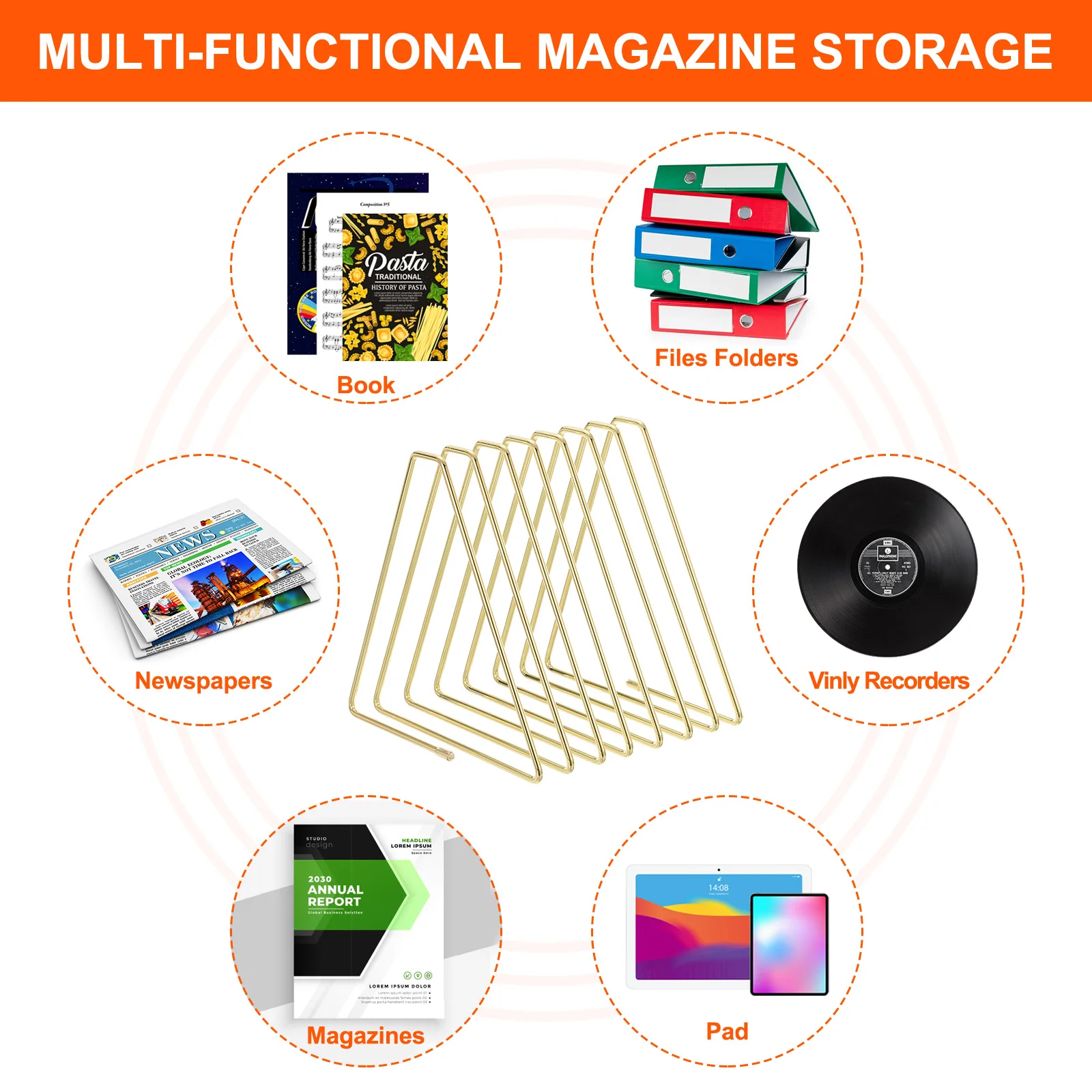 1/2Pcs Triangle Desktop Holder Rack 7 Slots Metal Wire Stand for Vinyl Record Album Magazine Book File Organizer Golden Tone