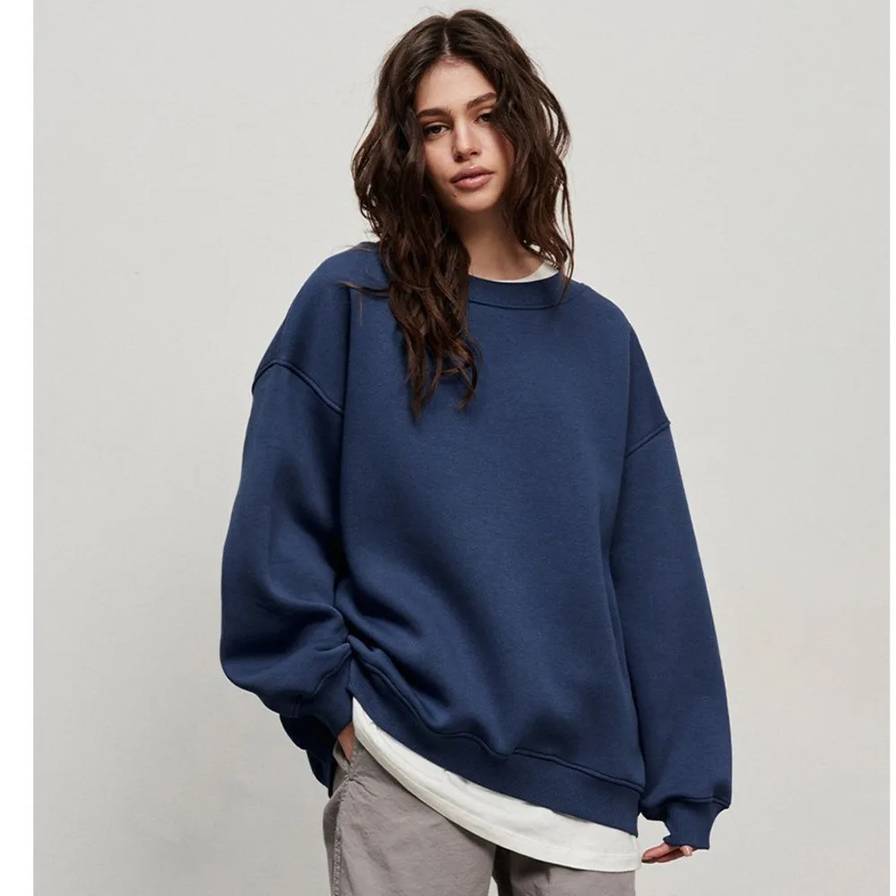 Women's Oversized Fleece Pullover Hoodie Loose Fit Round Neck, Monochromatic Street Autumn And Winter New For Women's Sweater