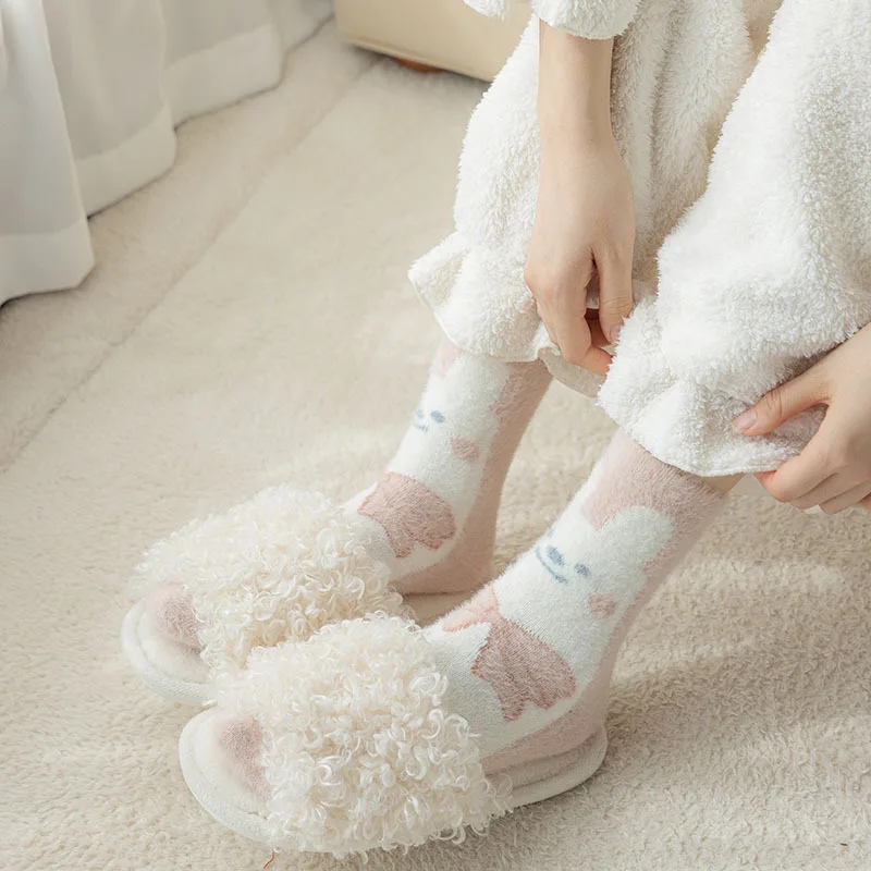 Sweet Pink Rabbits Bowknot Imitation Mink Socks Winter Plush Warm Home Sleeping Socks Ins Japanese Cartoon Cute Furry Tube Socks