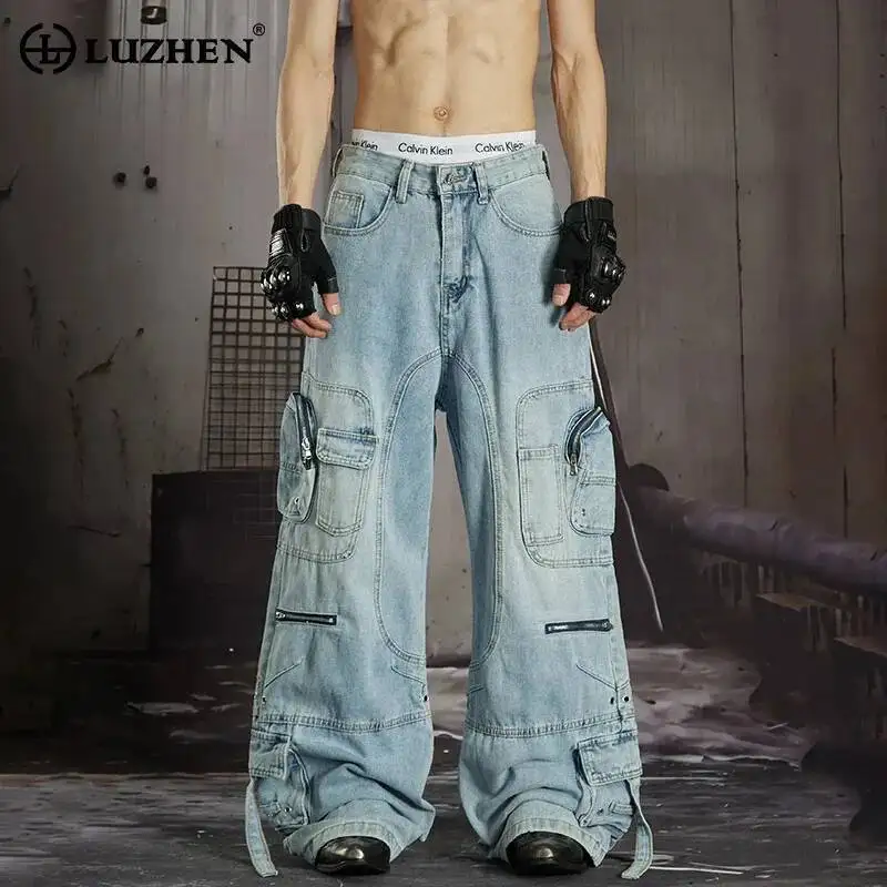 

LUZHEN 2026 New Multi Pockets Design Vintage Style Straight Cargo Denim Pants Men's Fashion Handsome Street Casual Jeans JY7518