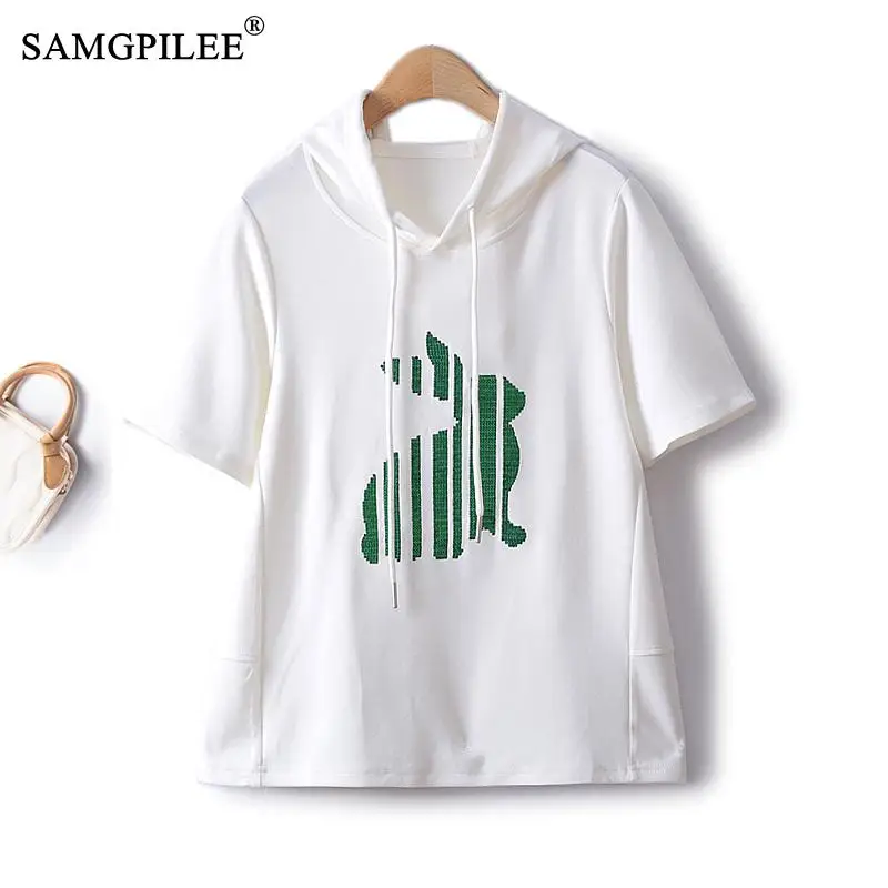 

Sports Style Oversized T-shirt Summer Hooded Embroidery Sequin Animal Cartoon Sweater Short Sleeve Youth Loose Female Y2k Tops