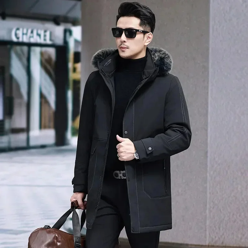 Faux Fox Fur Collar Long Down Jacket Man Designer Clothes Men Luxury Duck Padding Mens Winter Warm Coat