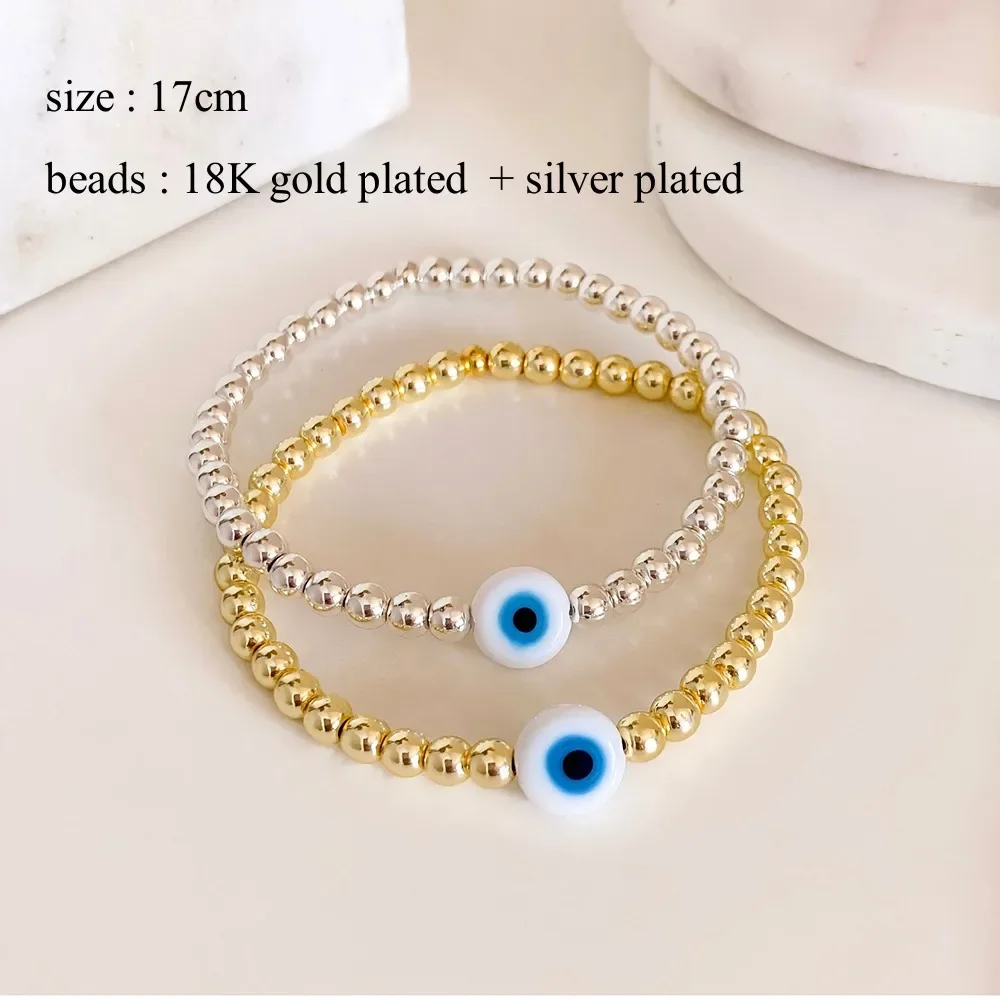 KKBEAD-Stretch Evil Eye Bracelets for Women, Gold and Silver Color Beads Bracelet, High Quality Jewelry